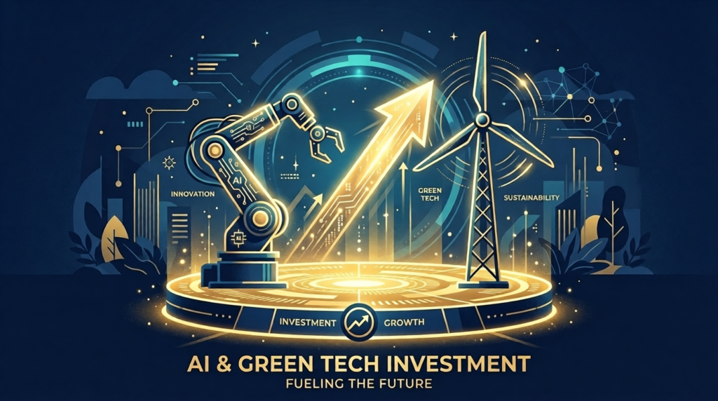 AI automation and green tech investment illustration with robot and turbine