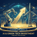 AI automation and green tech investment illustration with robot and turbine