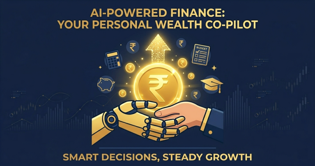 AI personal finance illustration showing robot and human hand holding coin