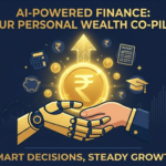 AI personal finance illustration showing robot and human hand holding coin