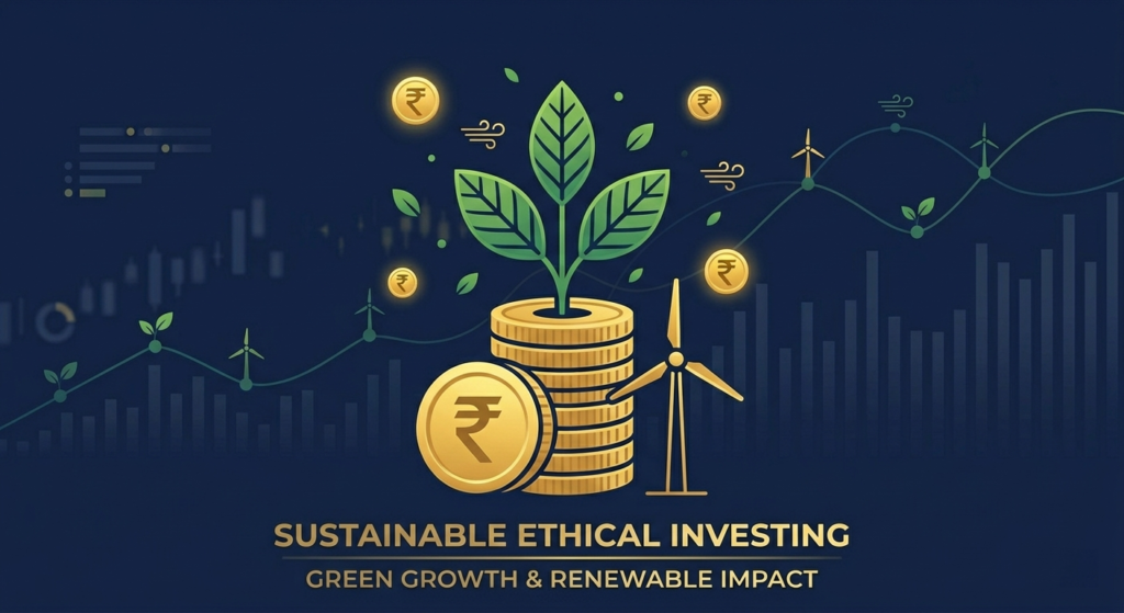 ESG investing illustration with green leaf growing from coins