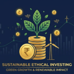 ESG investing illustration with green leaf growing from coins