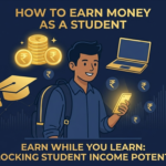 Student earning money online illustration with laptop and rupee icons