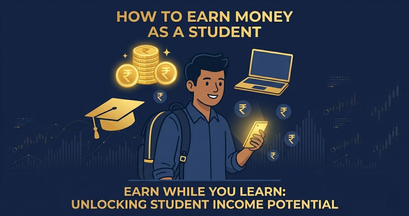 Student earning money online illustration with laptop and rupee icons
