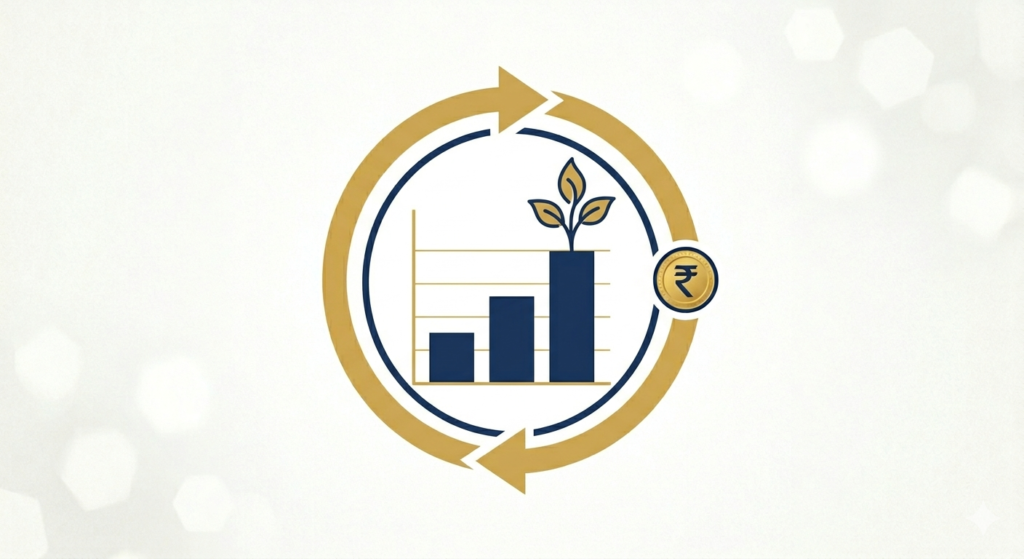 SIP compounding growth illustration showing rising bar chart with plant