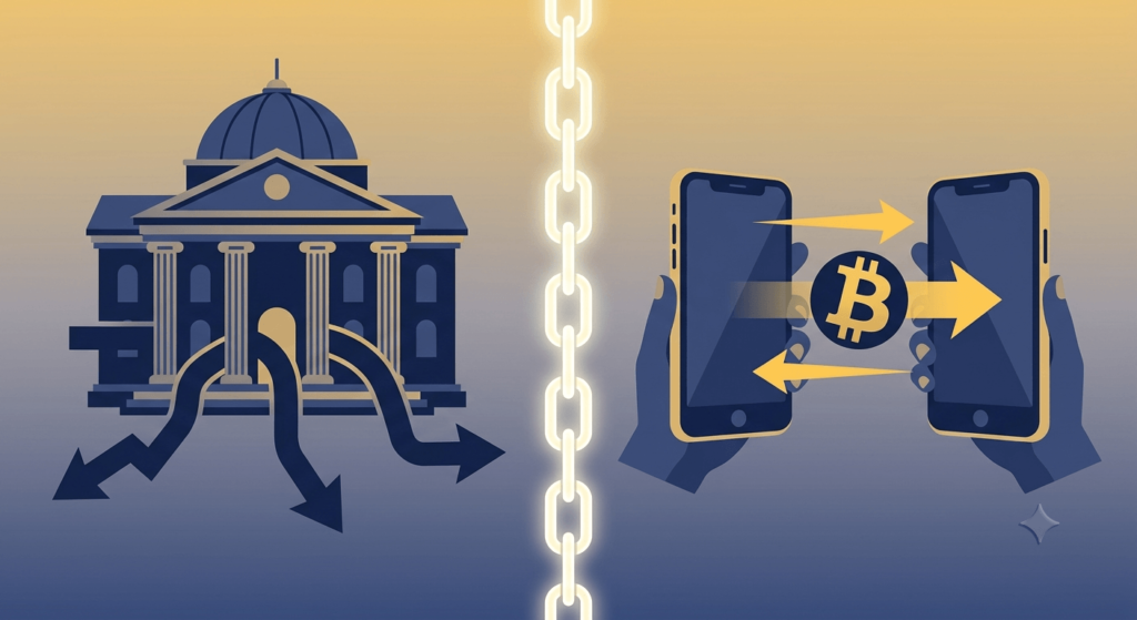 Bank payment vs Bitcoin direct payment comparison illustration showing blockchain transaction