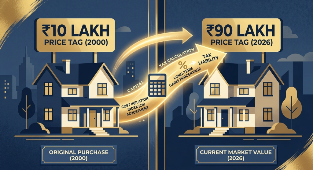 Capital gains tax on inherited property illustration showing purchase price vs sale price