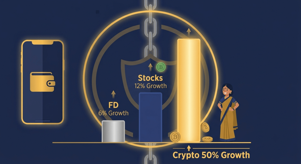 Investment returns comparison illustration showing FD stocks and cryptocurrency growth rates