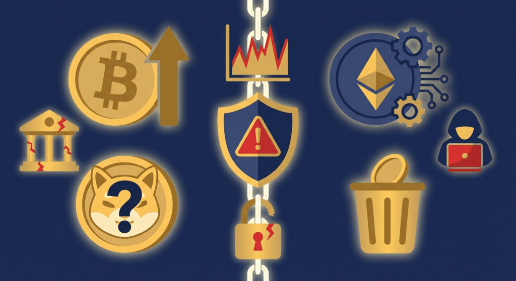 Cryptocurrency risks illustration showing volatility scams password loss and exchange hacks