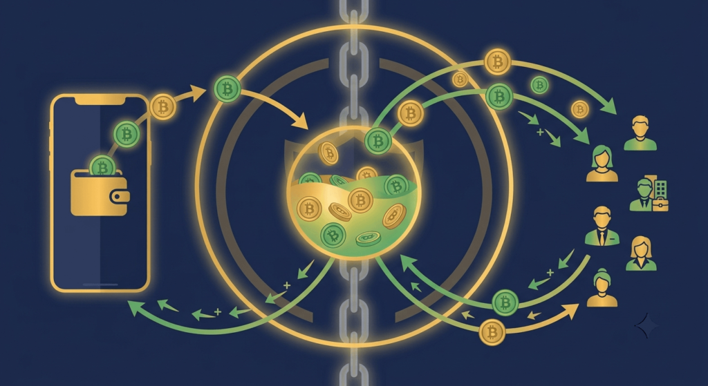 DeFi decentralized finance illustration showing liquidity pool lending and interest earning