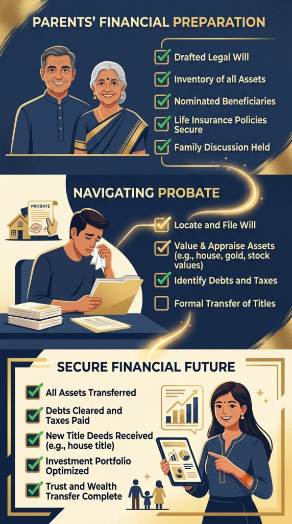 Inheritance planning checklist progression illustration showing stages from parent planning to successful inheritance