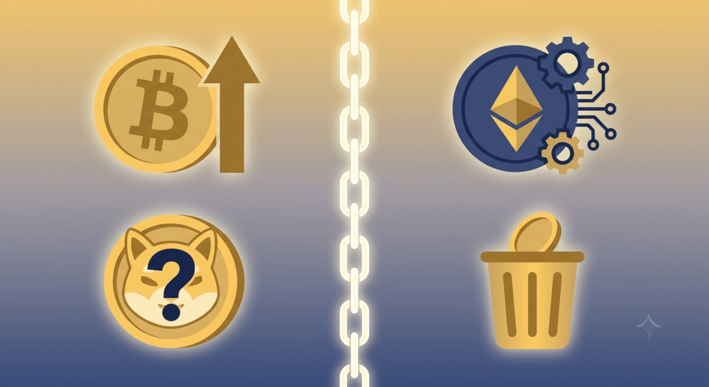 Four types of cryptocurrency illustration showing Bitcoin Ethereum meme coins and scam coins